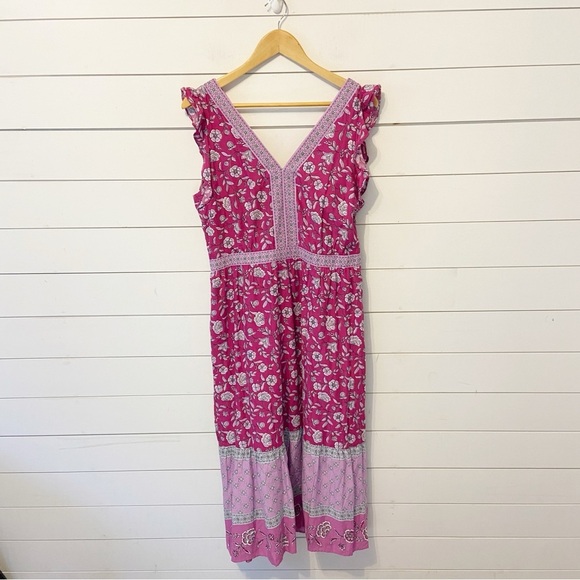 NWOT LOFT | Border Ruffle Midi Pocket Dress with a floral pattern pink/lilac 10 - Picture 2 of 10